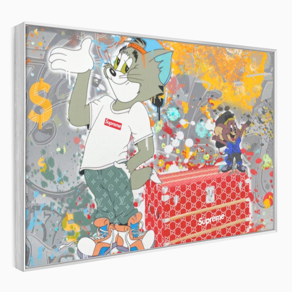 Tablou canvas cu tablou canvas cu tom si jerry, in rama de aluminiu argintiu